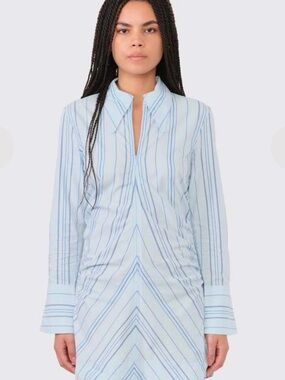 Ganni Light Blue & White Striped Button-Down Tunic